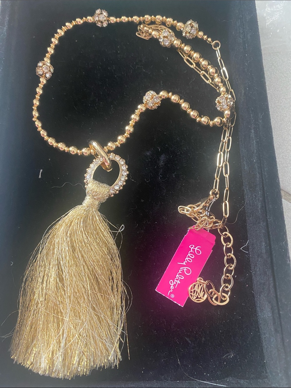 NWT Lilly Pulitzer Isle Be Back Long Gold Tassel necklace crystal detail